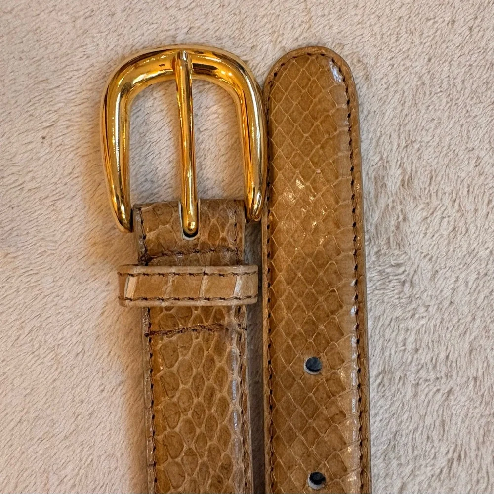 Tan Leather Snakeskin Textured Slim Belt with Gold Buckle Sz M